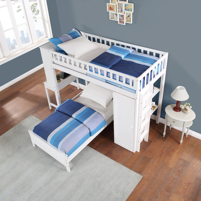 GFD Home - Twin Size Loft Bed with Closet and Desk, Extra Bottom Twin Bed, White - GreatFurnitureDeal