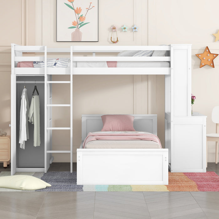 GFD Home - Twin size Loft Bed with a Stand-alone bed, Shelves,Desk,and Wardrobe-White - GreatFurnitureDeal