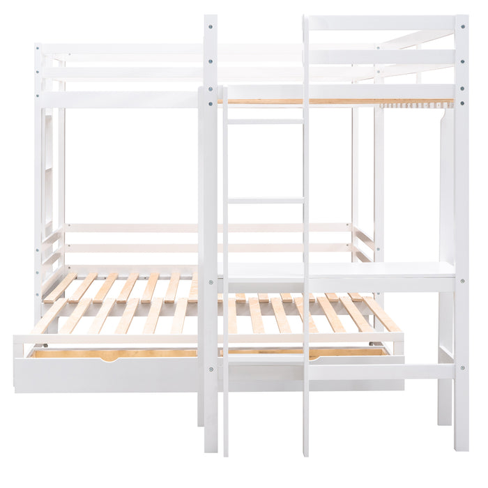 GFD Home - Twin over Twin/King Size L-Shaped Bunk Bed with Built-in Desk and Two Drawers,White - GreatFurnitureDeal