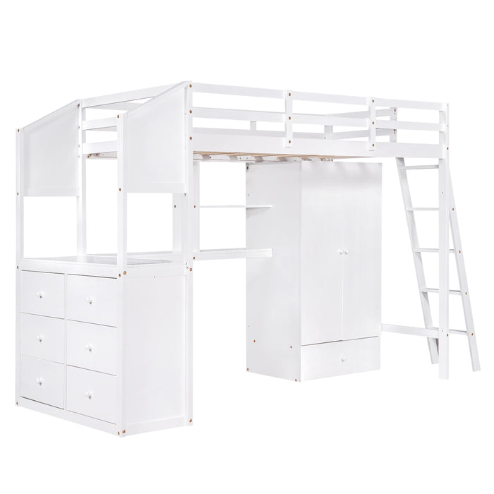 GFD Home - Twin Size Loft Bed with Wardrobe and Drawers, attached Desk with Shelves, White - GreatFurnitureDeal