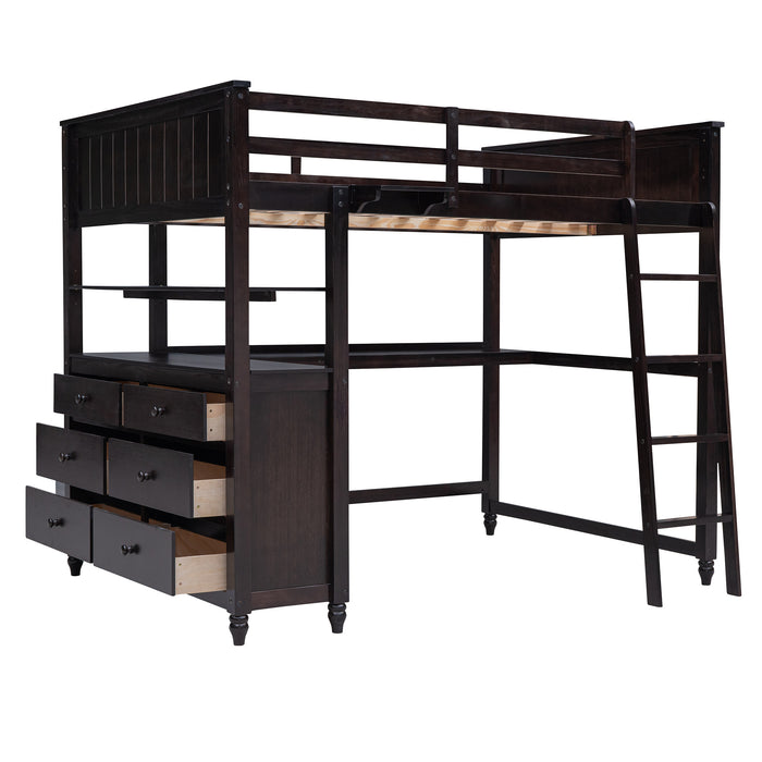 GFD Home - Full size Loft Bed with Drawers and Desk, Wooden Loft Bed with Shelves - Espresso(OLD SKU:LT000529AAP) - GreatFurnitureDeal