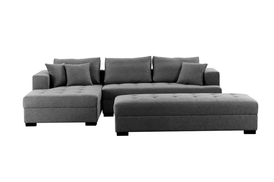 GFD Home - 111'' Tufted Fabric 3-Seat L-Shape Sectional Sofa Couch Set w/Chaise Lounge, Ottoman Coffee Table Bench, Dark Grey - GreatFurnitureDeal