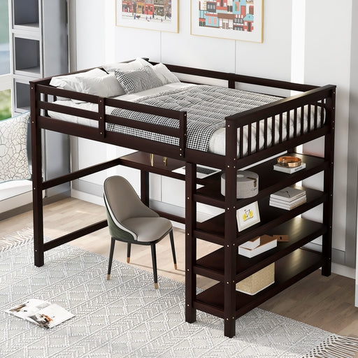 GFD Home - Full Size Loft Bed with Storage Shelves and Under-bed Desk, Espresso(OLD SKU:SM000246AAP-1) - GreatFurnitureDeal