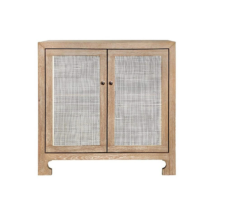 Worlds Away -  Alden Two Door Cane Cabinet With Brass Hardware in Cerused Oak - ALDEN CO