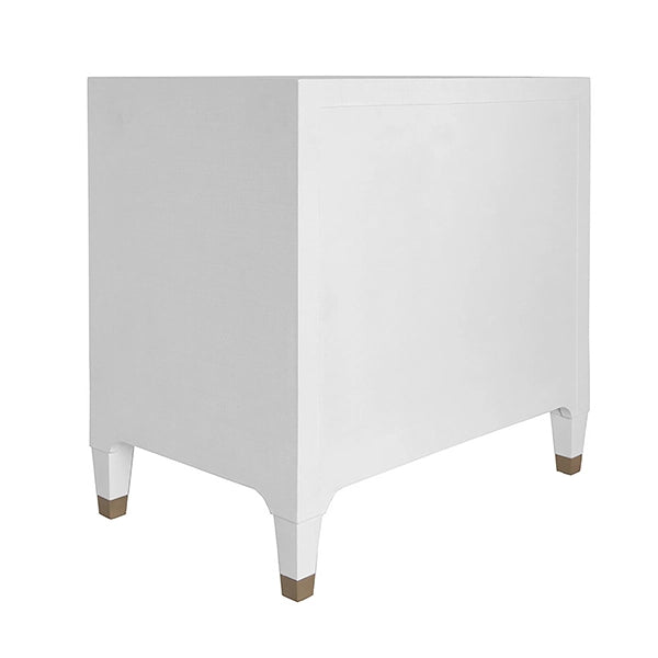 Worlds Away - Three Drawer Side Table In Textured White Linen With Antique Brass And Acrylic Hardware - AMBER WHL