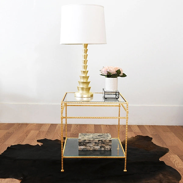 Worlds Away - Amos Two Tier Square Table With Glass Top In Hammered Gold Leaf - AMOS G