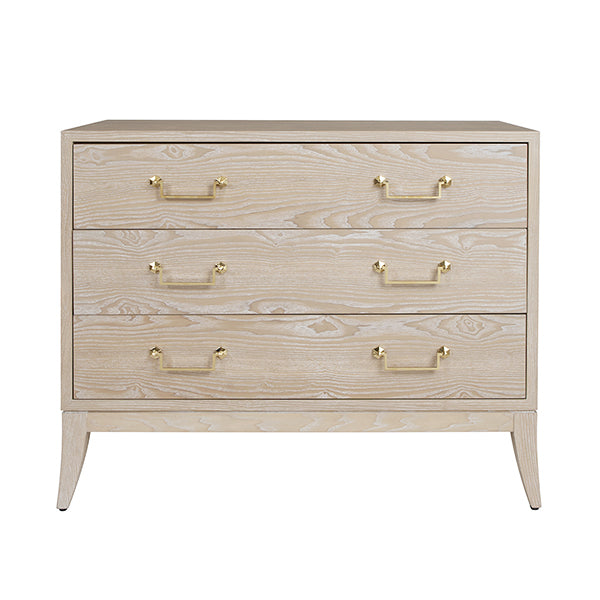 Worlds Away - Sabre Leg 3 Drawer Chest With Brass Swing Handle in Cerused Oak - AVIS CO - GreatFurnitureDeal