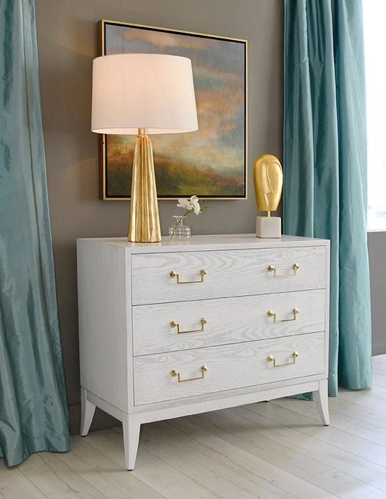 Worlds Away - Sabre Leg 3 Drawer Chest With Brass Swing Handle in White Washed Oak - AVIS WWO - GreatFurnitureDeal