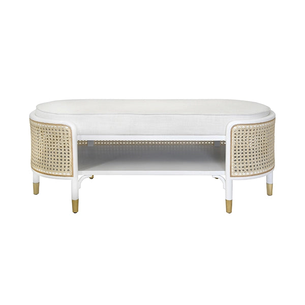 Worlds Away - Oval Bench In Matte White And Natural Cane With White Linen Cushion - BEALE WH