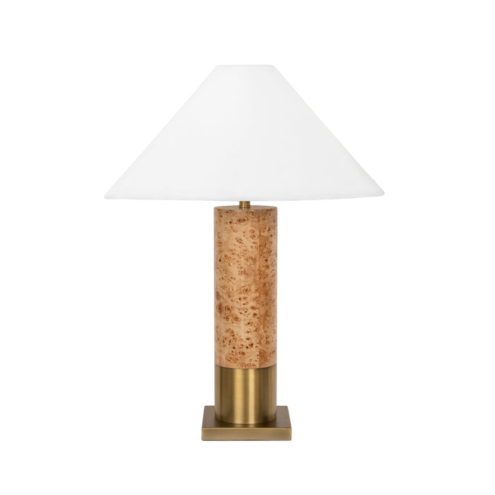 Worlds Away - Bishop Brushed Brass Base Table Lamp With White Linen Coolie Shade in Burl Wood - BISHOP BW