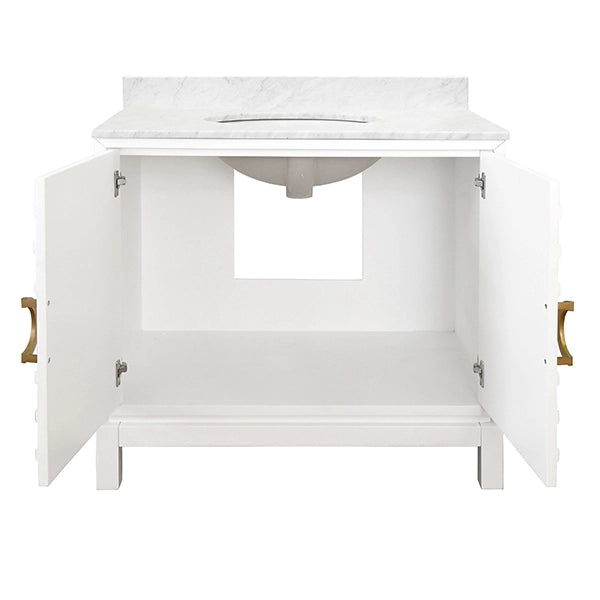 Worlds Away - Bath Vanity In Matte White Lacquer With Antique Brass Circle Hardware, White Marble Top, And Porcelain Sink - BIXBY WH