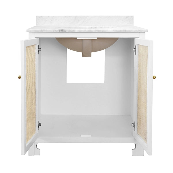 Worlds Away - Bath Vanity In Matte White Lacquer With Cane Front Doors, White Marble Top, And Porcelain Sink - BOYD WH