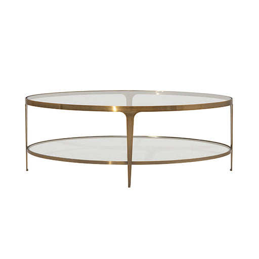 Worlds Away - Two Tier Glass Top Oval Coffee Table in Antique Brass - BRANDO ABR - GreatFurnitureDeal