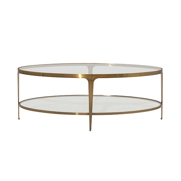 Worlds Away - Two Tier Glass Top Oval Coffee Table in Antique Brass - BRANDO ABR