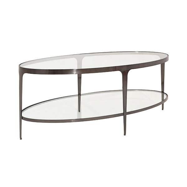 Worlds Away - Two Tier Glass Top Oval Coffee Table in Gunmetal - BRANDO GM