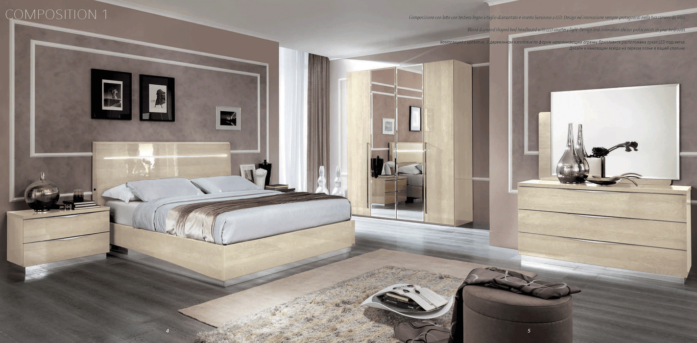 ESF Furniture - Camelgroup Italy Legno Queen Size Bed with Led Ivory Betullia Sabbia - PLATINUMQSBEIGE