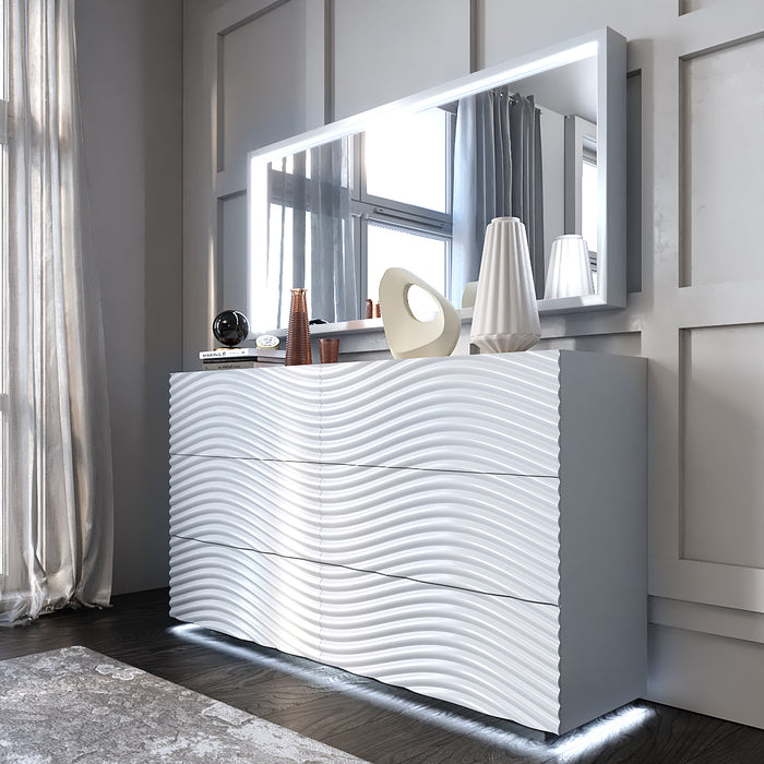 ESF Furniture - Franco Spain Wave Mirror for Double Dresser w/light in White - WAVEMIRRORDDWHITE - GreatFurnitureDeal