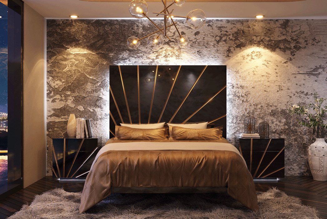 ESF Furniture - Oro 5 Piece Queen Bedroom Set w/Light in Black - OROQSBED-5SET-BLACK