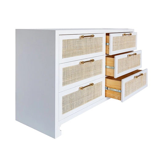 Worlds Away - Six Drawer Cane Front Chest With Brass Hardware In Matte White Lacquer Finish - CARLA WH - GreatFurnitureDeal