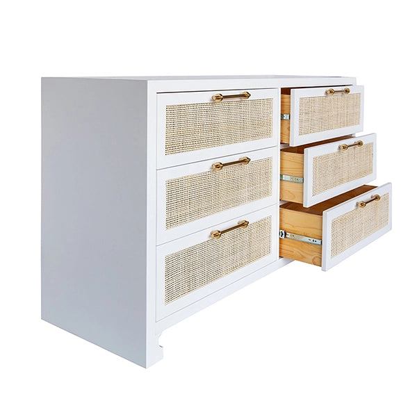 Worlds Away - Six Drawer Cane Front Chest With Brass Hardware In Matte White Lacquer Finish - CARLA WH