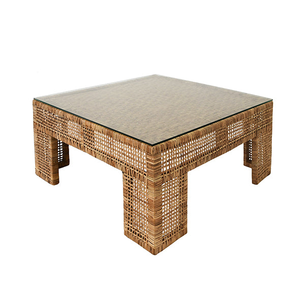 Worlds Away - Charlie Wide Leg Rattan Coffee Table with Glass Top - CHARLIE - GreatFurnitureDeal