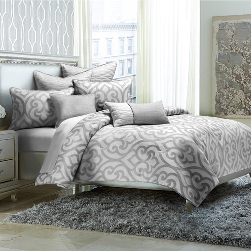 AICO Furniture - Canterbury 7 Piece Queen Comforter Set"Silver - BCS-QS07-CNTBY-SLV - GreatFurnitureDeal