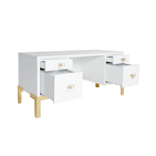 Worlds Away - Four Drawer Desk In White Lacquer With Brass Base - COSBY WH - GreatFurnitureDeal