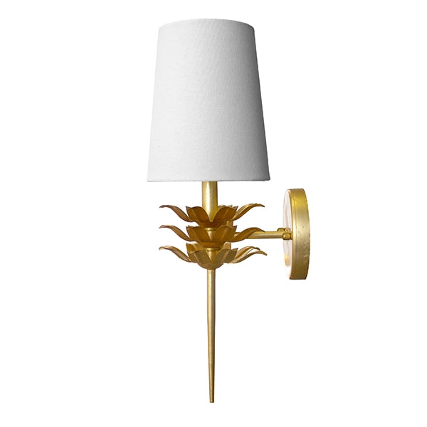 Worlds Away - Gold Leaf One Arm Sconce With 3 Layer Leaf Motif & White Linen Shade - DELILAH G