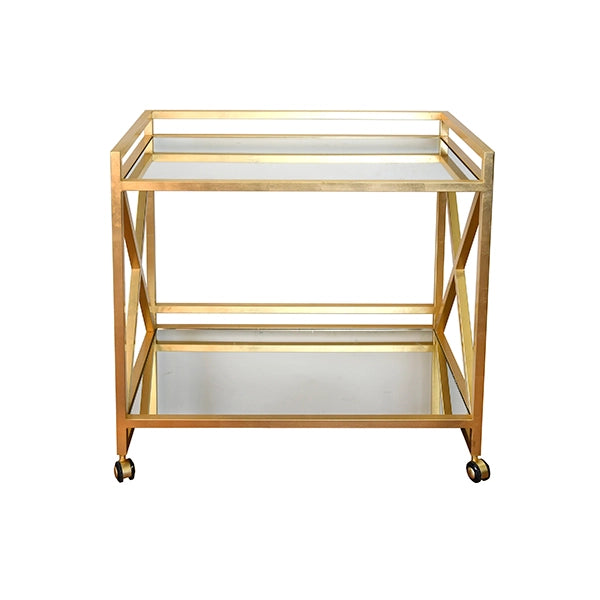 Worlds Away - Gold leafed "x" Bar Cart with Mirrored Tops - GERARD G