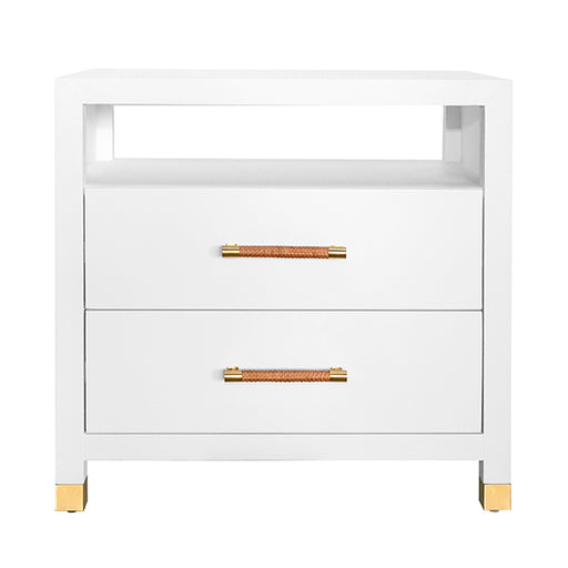 Worlds Away - Two Drawer Side Table With Rattan Wrapped Handles in Matte White Lacquer - HANCOCK WH - GreatFurnitureDeal