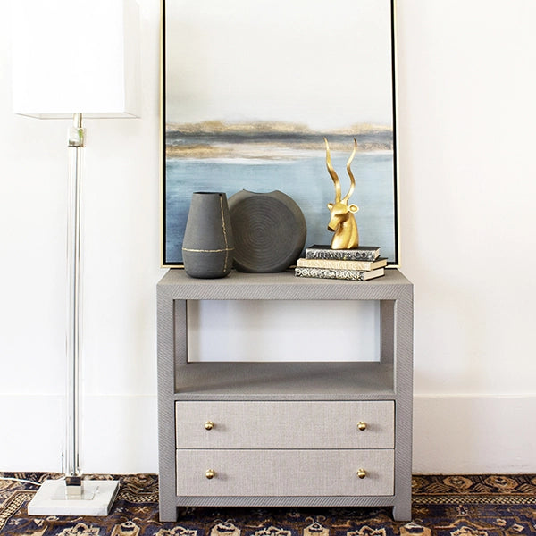 Worlds Away - Hattie 2 Drwr Side Table In Grey Grasscloth W. Brass Hardware - HATTIE GRY - GreatFurnitureDeal