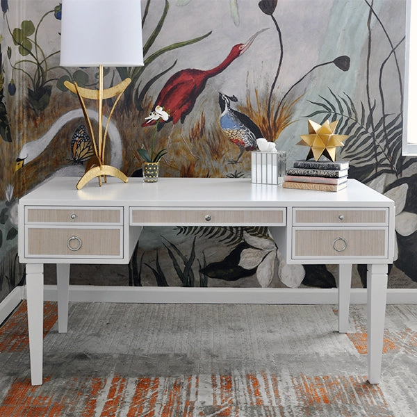 Worlds Away - Desk With Grasscloth Drawer in White Matte - HEIDI WHN - GreatFurnitureDeal