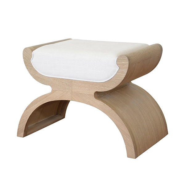 Worlds Away - Curved Base Stool With White Linen Cushion In Cerused Oak - JANNA CO