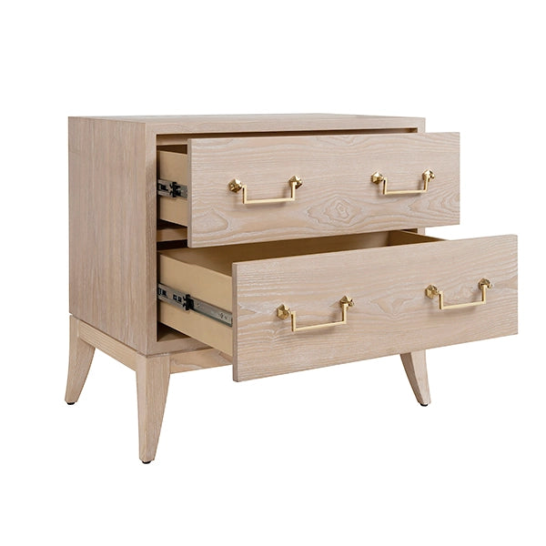 Worlds Away - Sabre Leg 2 Drawer Side Table With Brass Swing Handle in Cerused Oak - KENNA CO