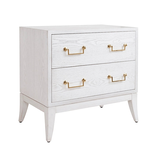 Worlds Away - Sabre Leg 2 Drawer Side Table With Brass Swing Handle in White Washed Oak - KENNA WWO