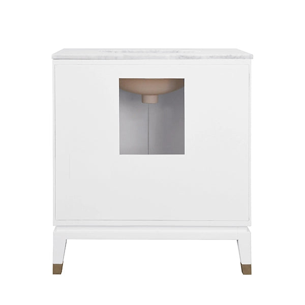 Worlds Away - Bath Vanity In Matte White Lacquer With Antique Brass Detail, White Marble Top, And Porcelain Sink - LARSON WH