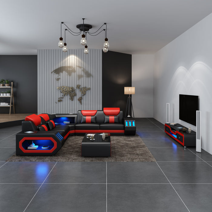 European Furniture - Spaceship LED Sectional Black Red Italian Leather - LED-86661-BR - GreatFurnitureDeal