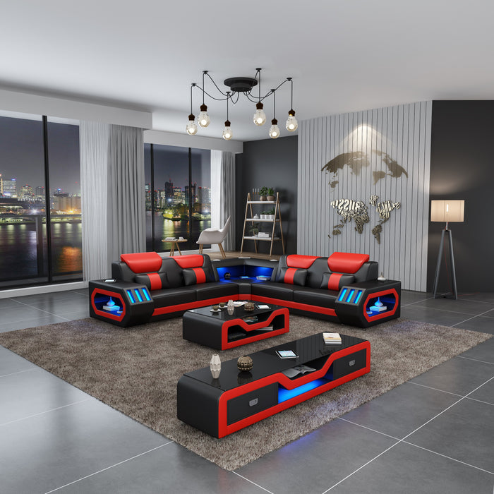 European Furniture - Spaceship LED Sectional Black Red Italian Leather - LED-86661-BR - GreatFurnitureDeal