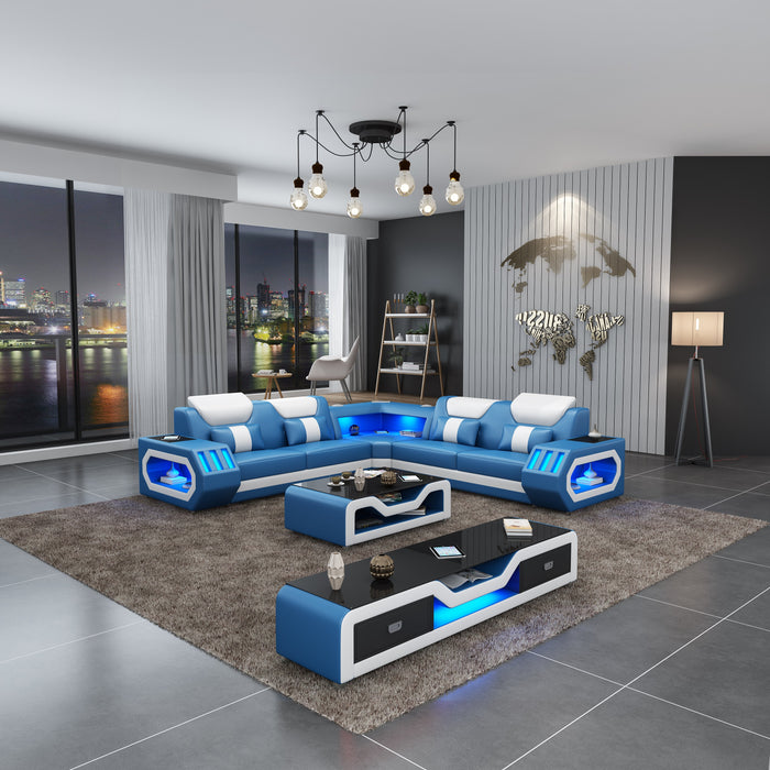 European Furniture - Spaceship LED Sectional Blue White Italian Leather - LED-86662-BLUW - GreatFurnitureDeal