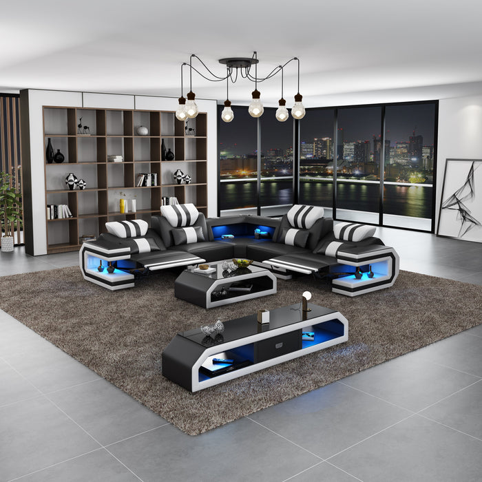 European Furniture - Lightsaber LED Sectional Dual Recliners Black White Italian Leather - LED-87770-BW-DRR - GreatFurnitureDeal