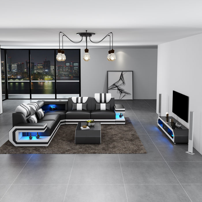 European Furniture - Lightsaber LED Sectional Black White Italian Leather - LED-87770-BW - GreatFurnitureDeal