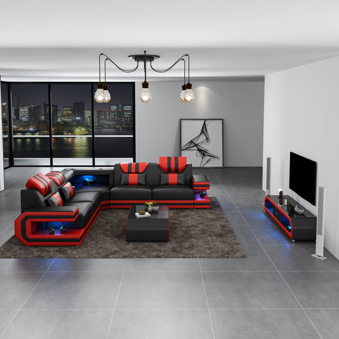 European Furniture - Lightsaber LED Sectional Black Red Italian Leather - LED-87771-BR