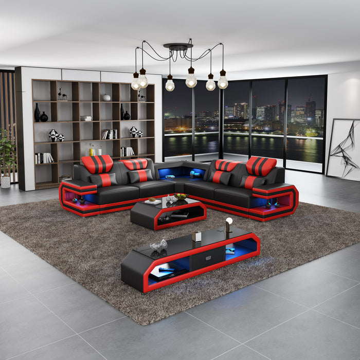 European Furniture - Lightsaber LED Sectional Black Red Italian Leather - LED-87771-BR - GreatFurnitureDeal