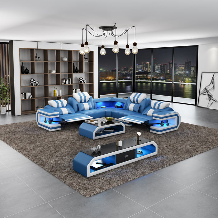 European Furniture - Lightsaber LED Sectional Dual Recliners Blue White Italian Leather - LED-87772-BWLU-DRR