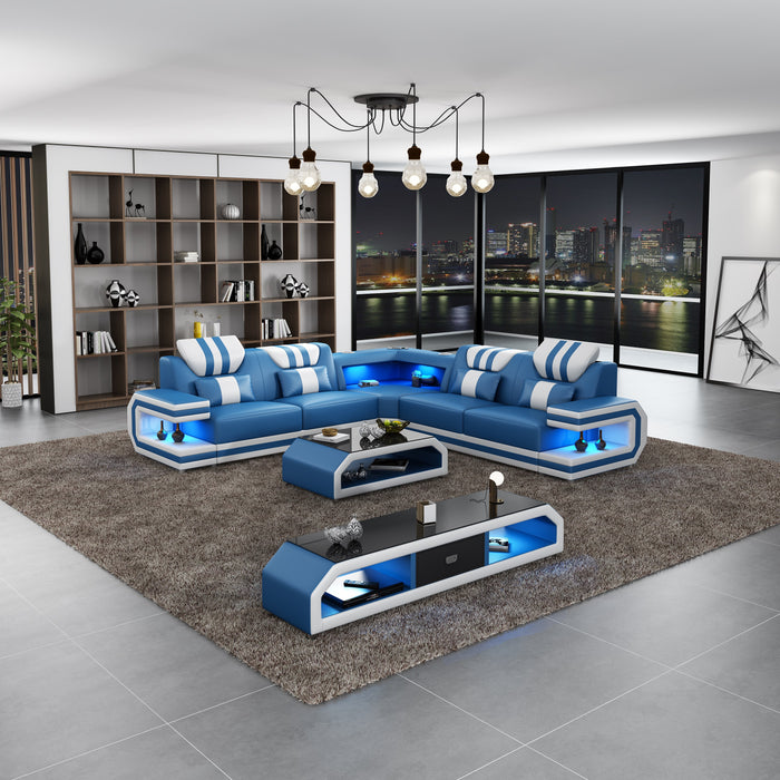 European Furniture - Lightsaber LED Sectional Blue White Italian Leather - LED-87772-BLUW - GreatFurnitureDeal