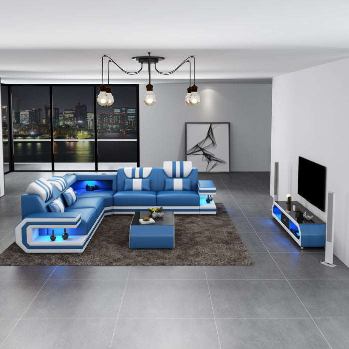 European Furniture - Lightsaber LED Sectional Blue White Italian Leather - LED-87772-BLUW