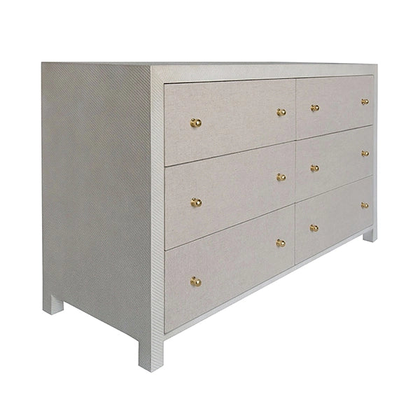 Worlds Away - Six Drawer Chest In Grey Grasscloth With Grey Linen Drawers And Brass Hardware - LOWERY GRY