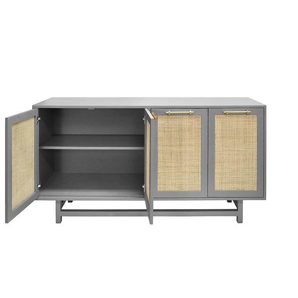 Worlds Away - Macon Four Door Cabinet With Cane Door Fronts And Brass Hardware In Matte Grey Lacquer - MACON GRY