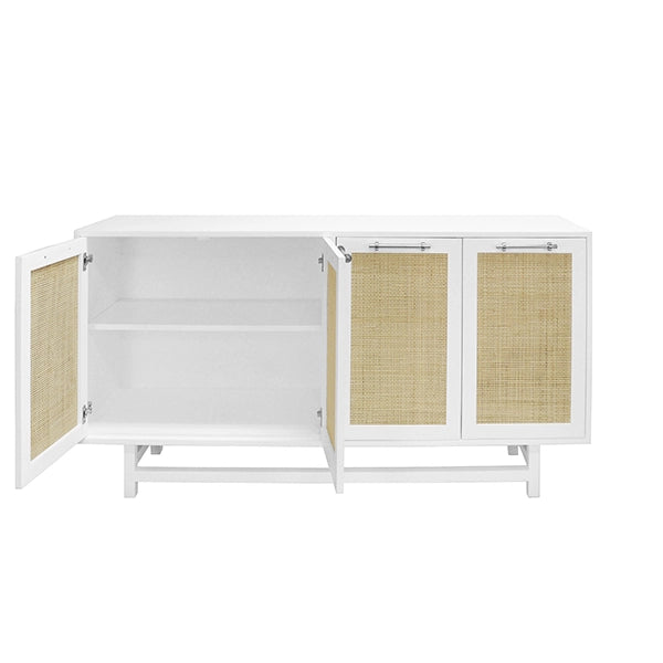 Worlds Away - Macon Four Door Cabinet With Cane Door Fronts And Nickel Hardware In Matte White Lacquer - MACON WHN