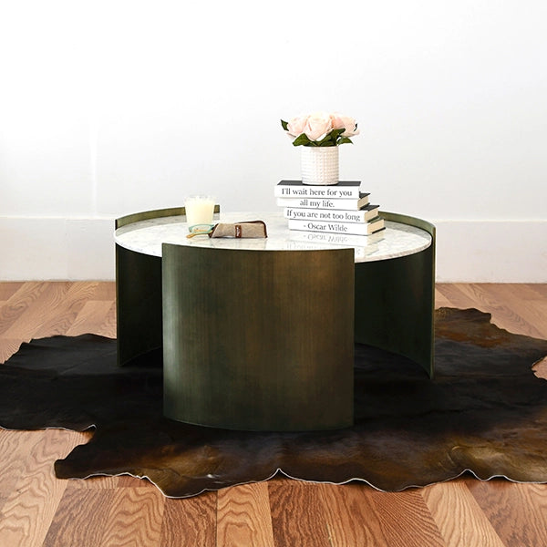 Worlds Away - Montana Modern Round Coffee Table With White Marble Top In Painted Bronze - MONTANA BRZ